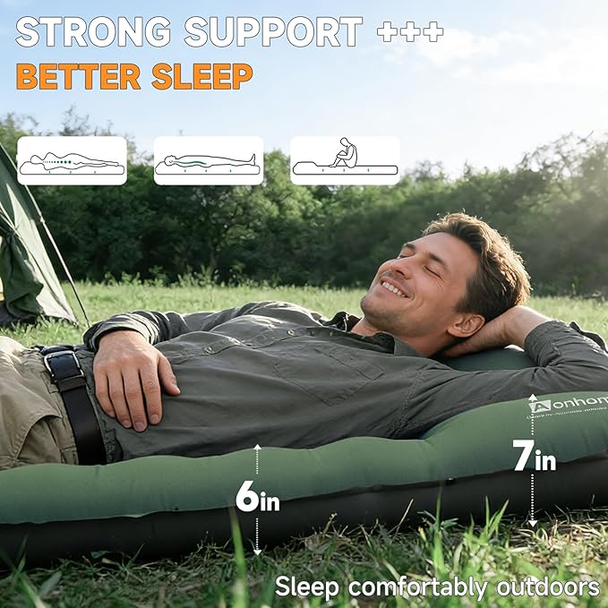 Camping Sleeping Pad, 6" Extra Thick Sleeping Mat with Pillow Built-in Foot Pump, 32.7" Extra Wide Inflatable Sleeping Pads Compact for Camping Backpacking Hiking Traveling Tent (Green)