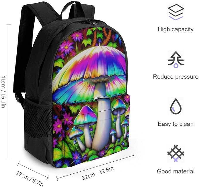 Women Men Polyester Risks Of Magic Mushrooms Casual Daypack Large Capacity Bookbag With Side Pockets for Sports Picnic Walking Cycling