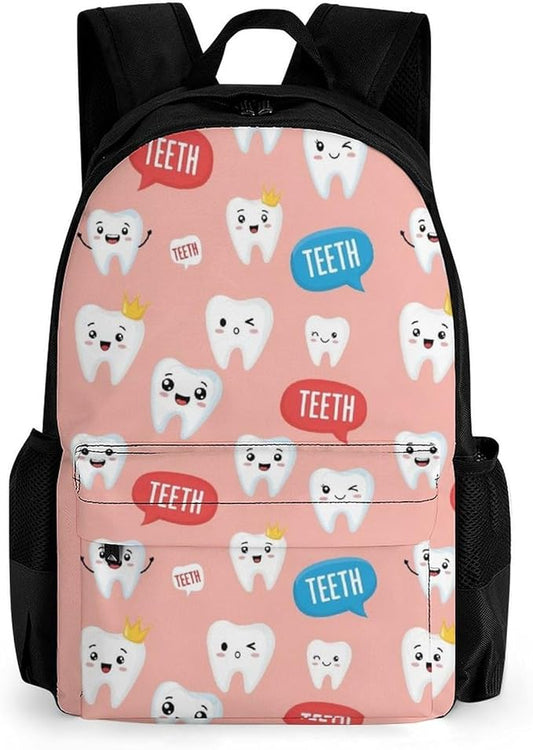 Men Women Lightweight Kawaii Dentist Teeth Pink Art Backpack Large Capacity Carry On Bag With Padded Straps for Sports Work Walking Cycling