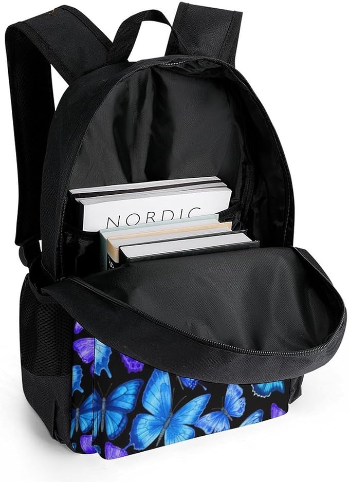 Shoulder Book Bags Polyester Multipurpose Anti-Theft Blue Butterflies Carry On Bag Large Capacity Travel Hiking Camping Rucksack