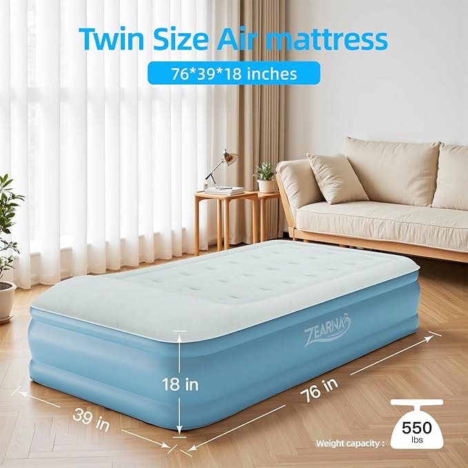 Twin Air Mattress with Built in Pump Raised, Blow Up Mattress 18 Raised Comfort, Upgraded Portable Air Bed with Pillow, Inflatable Mattress for Travel, Home and Guest, 550 lbs Max