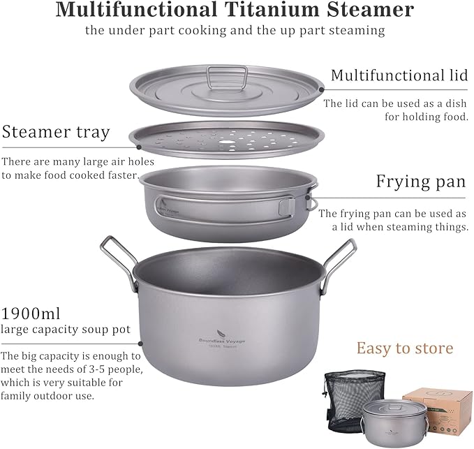 Boundless Voyage Multifunctional Titanium Steamer Pot with Frying Pan and Vented Lid Outdoor Camping Backpacking Kitchen