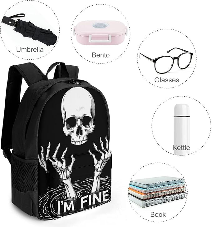 Supdreamc Lightweight Daypack Backpack for Sports Travel Running, Large Capacity Multipurpose Anti-Theft Bookbag, Funny Skull Head Fine Skeleton Laptop Backpack Daypack