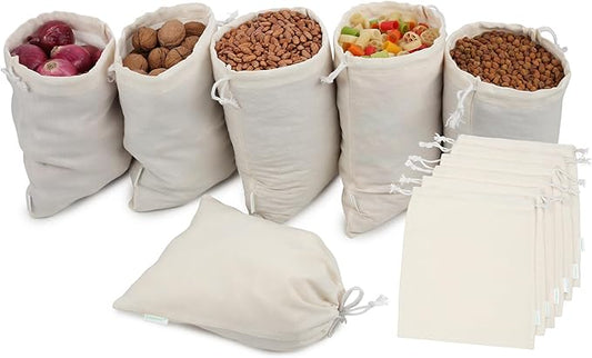 Reusable Cotton Storage Produce Bags With Drawstrings Medium 8x10 inch (12 Psc), Muslin Bags - For Bulk Food Storage, Vegetable, fruit, Food, Snack, Footwear, Toys Storage Bag