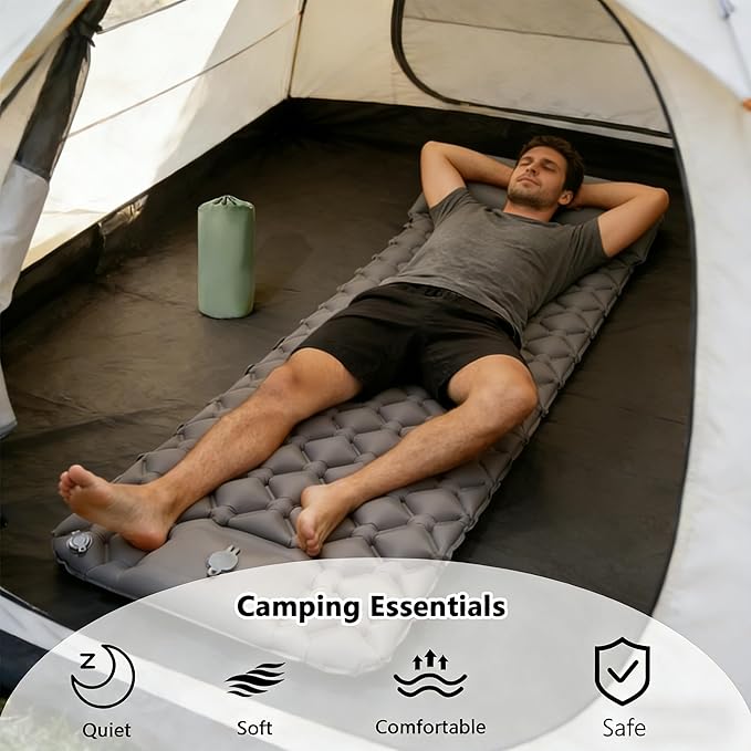 SNZ Camping Sleeping Pad, Ultralight Camping Mat with Pillow, Built-in Foot Pump Inflatable Sleeping Pads Compact for Backpacking, Tent, Travel, Outdoor Activities (Single)