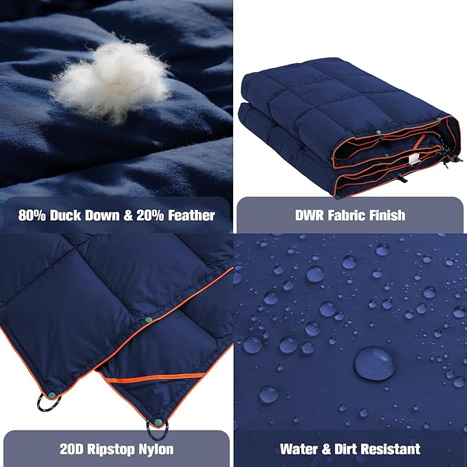 Down Camping Blanket - Navy Blue, 1lb 6oz / 77 * 52'' Lightweight Packable Warm Puffy Travel Quilt with Footbox, 650 Fill Power Waterproof Outdoor Blankets for Hiking, Travel Down Quilt