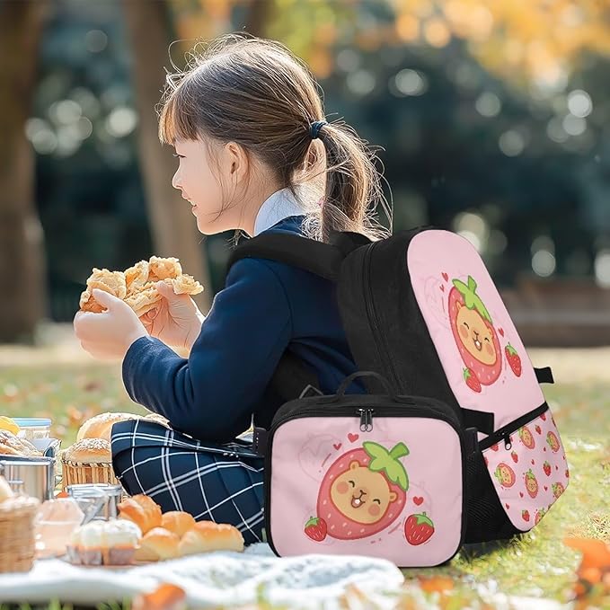 HUGS IDEA Strawberry Capybara Backpack for School Girls Cute Bookbag with Insulated Lunch Bag for Elementary Girls Kids Travel Backpack Set Large 17 Inch Schoolbag for Students Study Daypack