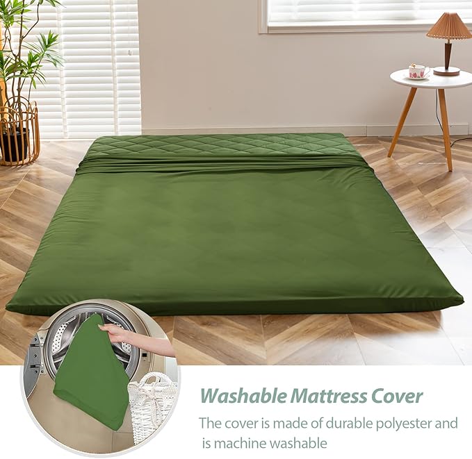 MAXYOYO Japanese Floor Futon Mattress, Extra Thick Mattress Topper Twin Bed Pad Roll Up Foldable Single Mat, Diamond Patterned Japanese Futon Bed, Green