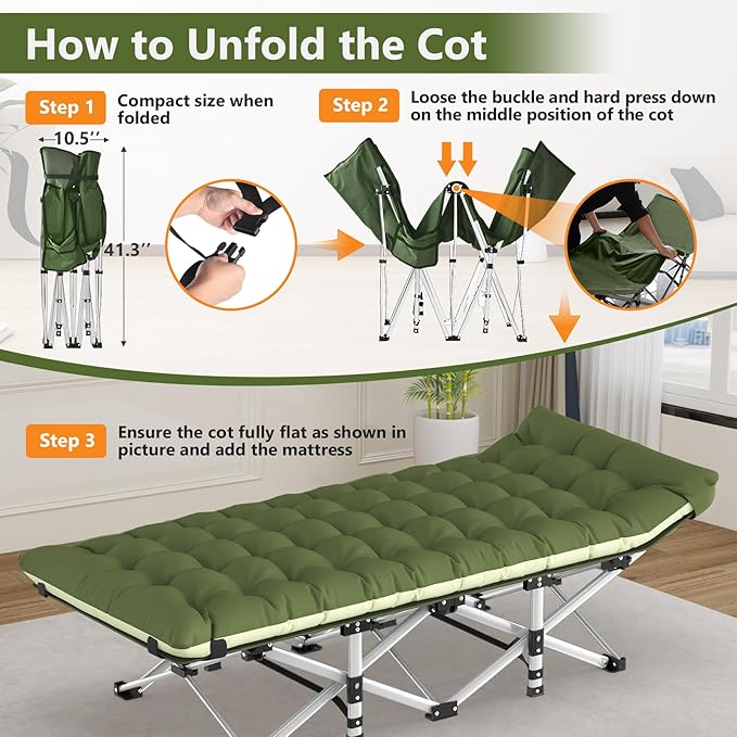 Slendor Folding Camping Cot for Adults, Heavy Duty 1200D Oxford Camping Bed with 3.5in Thick Mattress, 500lbs Max Load, Portable Foldable Outdoor Cot for Camping, Travel, Home Guest, Office Nap