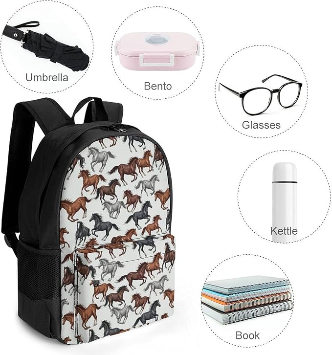 Supdreamc Men Women Lightweight Wild Horse Casual Daypack Big Capacity Bookbag With Padded Straps for Gym Travel Walking Cycling