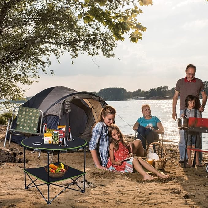 LEADALLWAY Camping Tables That Fold Up Lightweight Portable Outdoor Table with 4 Cup Holders and Carrying Bags for Outdoor Picnic,Barbecue,Travel,Fishing(Black+Army Green)