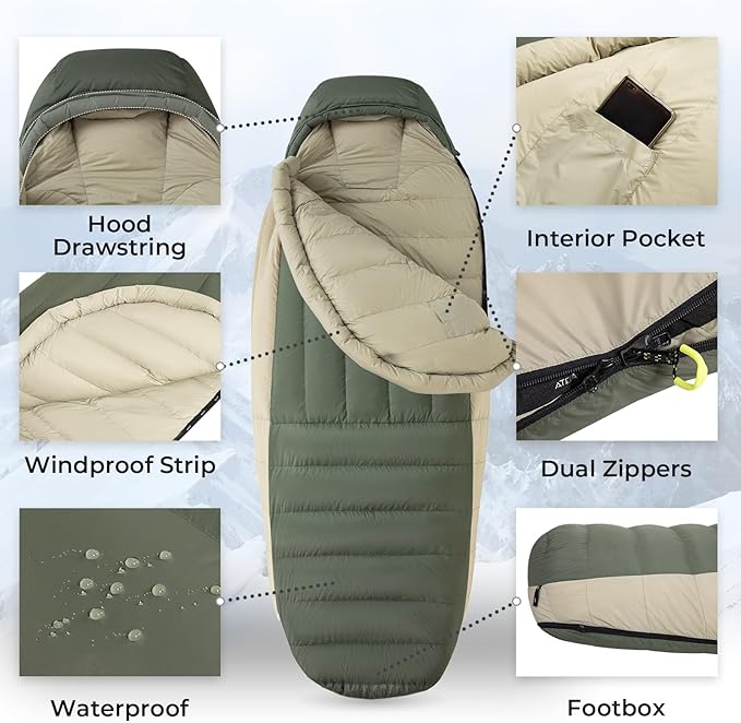 ATEPA 0 Degree Sleeping Bag, 700FP 23℉ / 30.2℉ Down Mummy Cold Weather Double Lightweight Wide XL Sleeping Bags with Compression Sack for Camping Backpacking Hiking