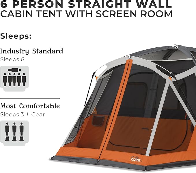 CORE Tent for Family Camping | 4 Person & 6 Person Portable Camp Tent with Carry Bag for Outdoor Car Camping | Included Gear Loft Organizer for Camp Accessories