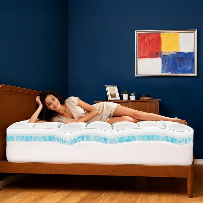 Queen Size Dual Layer 4 Inch Memory Foam Mattress Topper, 2 Inch Cooling Gel Memory Foam and 2 Inch Washable Soft Pillow Top Mattress Pad Cover, 8-24 Inch Deep Pocket, Medium Firm Support