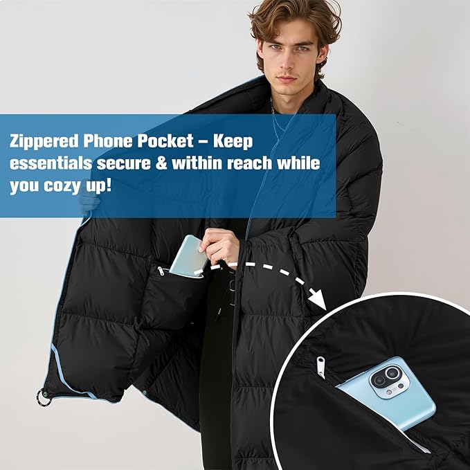 Down Camping Blanket - Black, 1lb 6oz / 77 * 52'' Lightweight Packable Warm Puffy Travel Quilt with Footbox, 650 Fill Power Outdoor Blankets for Hiking, Travel, Hammock & Stadium Down Quilt