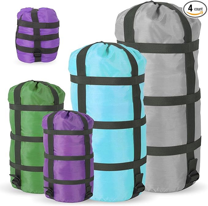 Compression Sacks for Sleeping Bag Stuff Sack Adjustable Sleeping Bag Compression Stuff Sack 6L + 15L +18L + 30L + 45L+52L Space Saving for Backpacking Hiking Camping Outdoor and Travel Storage
