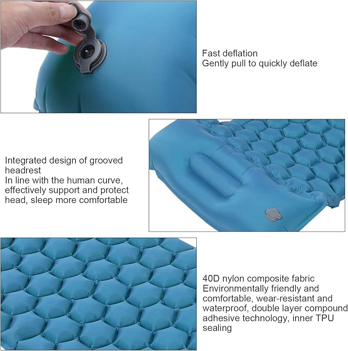 Inflatable Camping Sleeping Pad Mat, Ultra Lightweight Air Cushion Mattress for Tent Hiking Travel, 2 Way Valve Design with 40D Nylon Fabric and TPU Laminate, Compact Foldable (Peacock Blue)