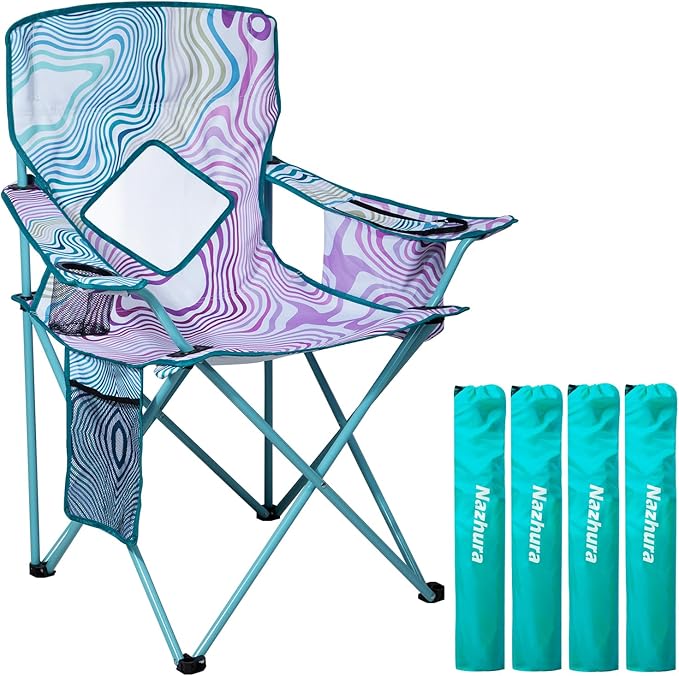 Nazhura 4 Pack Folding Camping Chair with Cooler Pouch, Mesh Backrest and Cup Holder Pocket (Flower, 4 Pack)