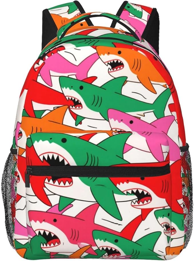 Men Women Polyester Colorful Shark Art Casual Daypack Large Capacity Carry On Bag With Adjustable Shoulder Straps for Camping Work Running