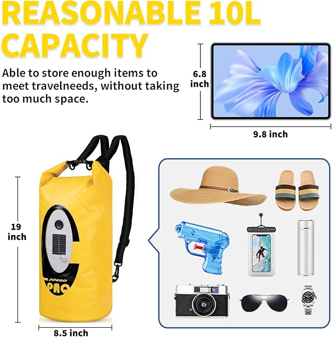 Solar Dry Bag Backpack 10L,Built-in Bluetooth Speaker & LED(4 Lighting Modes),Solar or USB Rechargeable,IP66 Waterproof Floating for Camping, Kayaking, Hiking & Outdoor Adventures