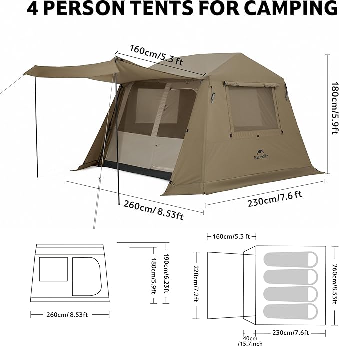 Naturehike Village Lite Camping Tent, 60S Easy Setup Instant Tents for Camping, Double Layer 4/8 Person Tent with with Full Rainfly