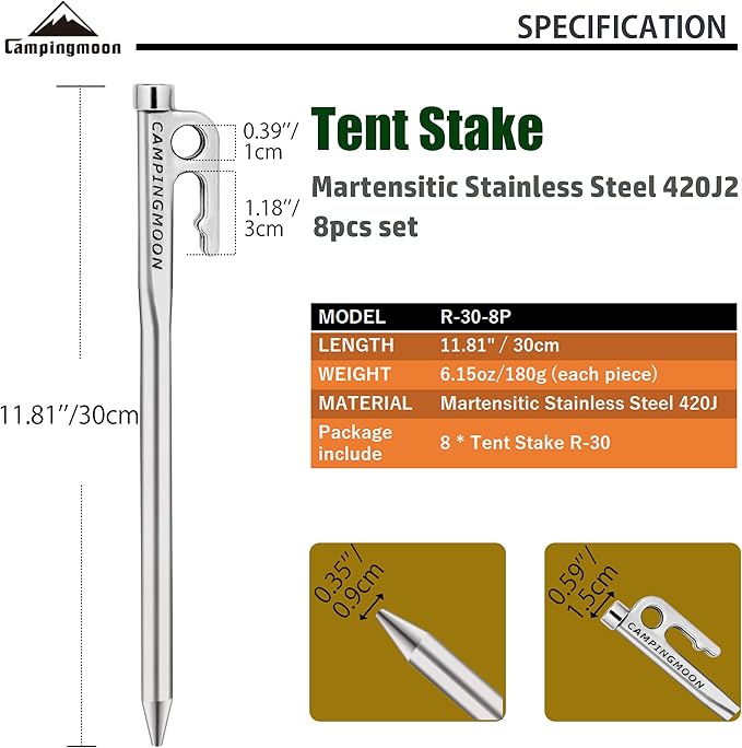 CAMPINGMOON 11.87-inch 8pcs Martensitic Stainless Steel 420J2 Hardened Forged Tent Stake Power Peg Ideal for Hard Ground R-30-8P