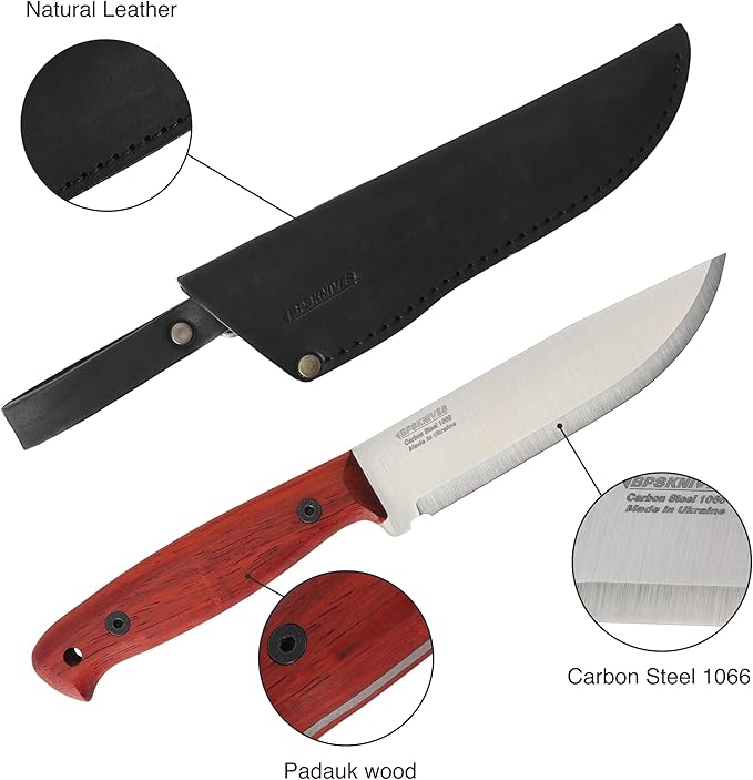 BPSKNIVES Flamebird Adventurer - Fixed-Blade Carbon Steel Bushcraft Knife with Leather Sheath - Outdoor Full Tang Utility Knives - Camping Knives - Survival Tactical Camp Knife