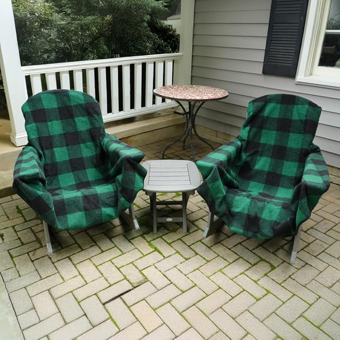 The Chair Blanket – Reversible, Waterproof & Sherpa-Lined - Stretchable Elastic Back - Original Patio Chair Cover – Ideal for Homes and Outdoor Furniture- with Carry Pouch (Green Plaid)