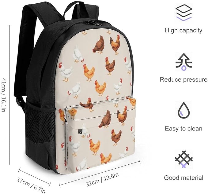 Women Men Polyester Hens Chickens Casual Daypack Large Capacity Bookbag With Side Pockets for Sports Picnic Walking Cycling