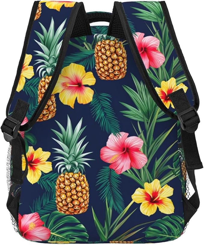 Polyester Daypack Backpack for Climbing Outdoors Running, Big Capacity Multipurpose Anti-Theft Bookbag, Hawaiian Flower Party Pineapple Art Travel Hiking Camping Rucksack