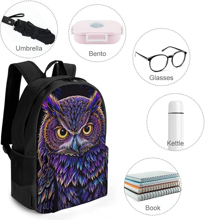 Supdreamc Daypack Bookbag Anti-Theft Multipurpose Large Capacity Bookbag, Purple Owl Travel Hiking Camping Rucksack With Adjustable Shoulder Straps