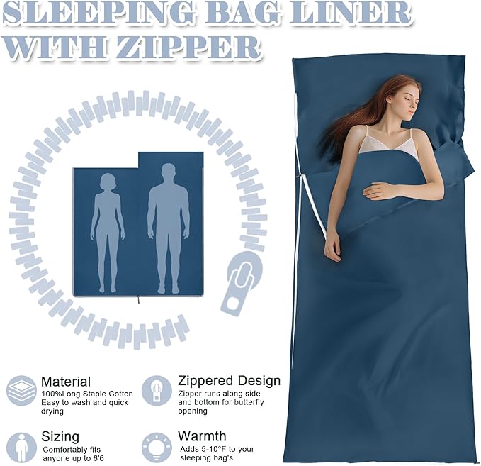 Sleeping Bag Liner,Long Staple Cotton, Adult Sleep Sack & Travel Sheets,Travel Sleep Sack for Backpacking, Hotels & Hostels Lightweight Travel Sheet Camping Sheets,Has Full Length Zipper