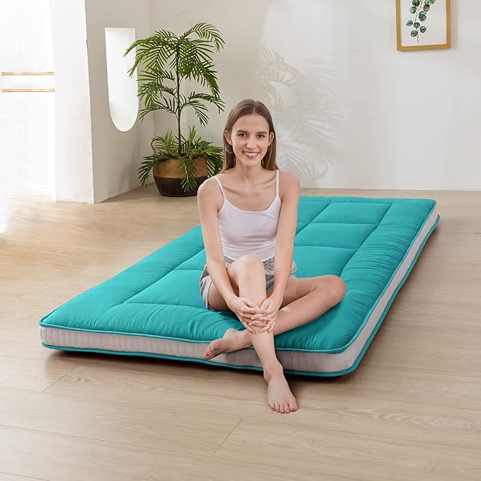 MAXYOYO Twin Bed Mattress Japanese Floor Futon Mattress, Twin Tatami Pad Camping Floor Bed Topper, Easy to Foldable and Portable, Turquoise Futon Single Mat