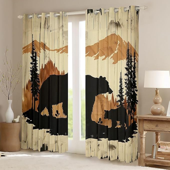 jejeloiu Rustic Wood Bear Pattern Curtains for Bedroom Living Room Bear Silhouette Mountain 30%-50% Blackout Shades Pine Tree Room Darkening Curtain Wildlife Window Treatments, 2 Panels 42 x 63 Inch