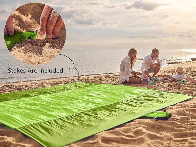 WEKAPO Beach Blanket Sandproof Waterproof, Extra Large Beach Mat, Oversized & Compact Sand Free Mat Quick Drying, Lightweight & Durable with Stakes & Corner Pockets