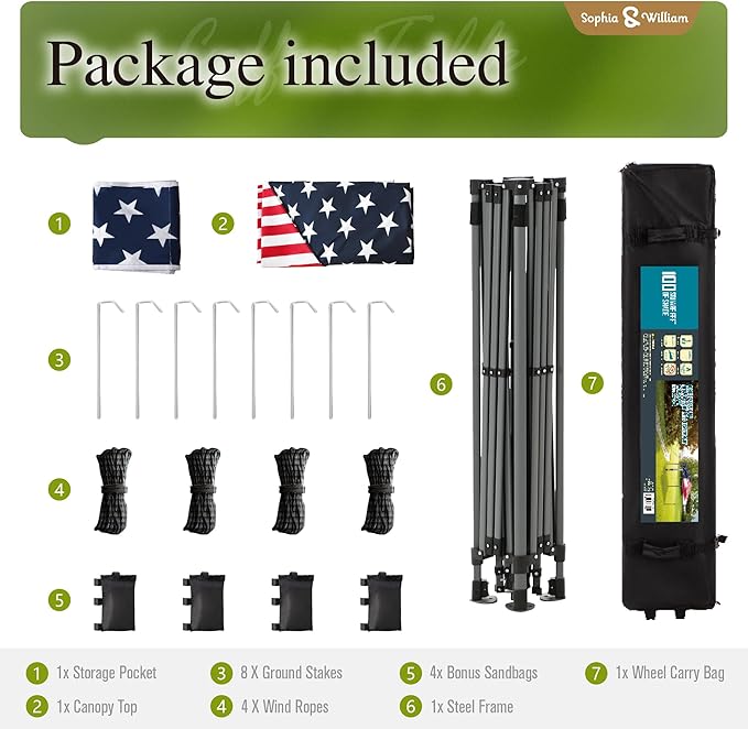 Sophia & William Canopy Tent Pop Up 10x10 ft, One Person Push Set Up Tent, Outdoor Canopies Shelter Heavy Duty Straight Legs with 4 Sandbags & Guy Ropes, 1 Roller Bag & Storage Bag, 8 Stakes, UPF50+
