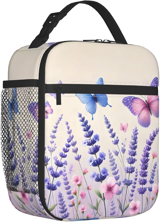 Reusable Lavender Lunch Box for Kids Girls Boys Women Adult, Insulated Butterfly Floral Lunch Bag,Polyester Cooler Flower Handbags Case for School Picnic Work Travel Beach or Hiking