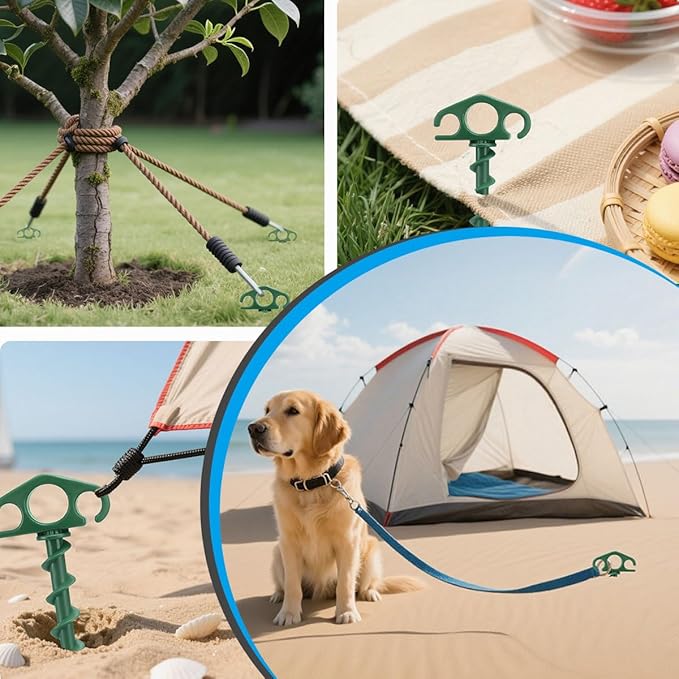 Tent Stakes Ground Anchors Screw in, 9 Pack Sand Stakes for Beach 9.4 Inch Heavy Duty Spiral Tent Pegs for Camping, Party, Hiking, Outdoor Decoration (9, Red+Green+White)