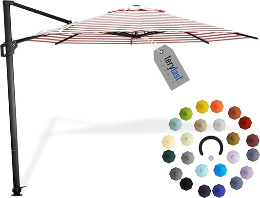 Midtown Umbrellas 10 Ft Outdoor Cantilever Patio Umbrella w/Terylast Red Stripes Fabric - Rotate Tilt 360° Offset Patio Umbrella, Deck Patio Umbrella, Backyard Umbrella & Garden Umbrella - Black Frame