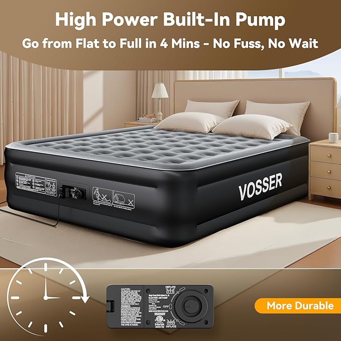 King Size Air Mattress with Built in Pump Raised,18’’King Air Mattress,Blow Up Mattress in 3 Mins,Self Inflatable Mattress for Home,Floor&Travel,Portable Air Bed for Adults,750LB Max,Black