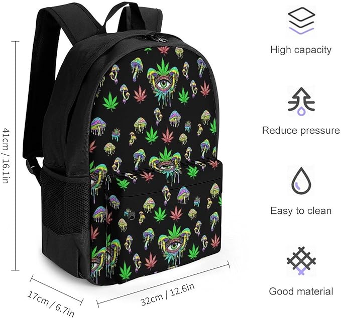 Men Women Polyester Trippy Weedleaf Eyes Mushroom Casual Daypack Large Capacity Carry On Bag With Adjustable Shoulder Straps for Camping Work Running