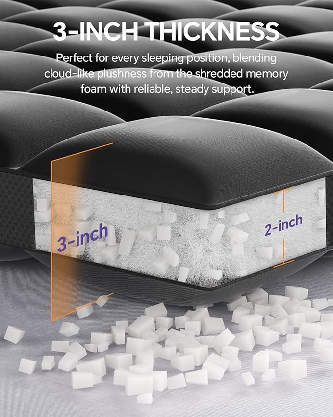 Dual Layer 5 Inch Memory Foam Mattress Topper Queen - 3 Inch Pillow Top Mattress Pad and 2 Inch Gel Memory Foam, 7-Zone Egg Crate Queen Size Mattress Topper (Black)