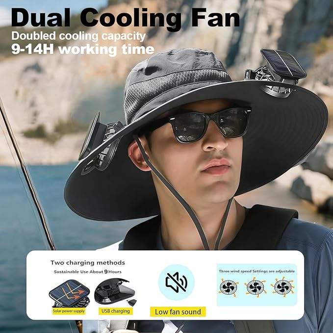 Outdoor Wide Brim Sun Hat with 2 Solar Powered Fan, Bucket Hat for Men Women, Fishing, Gardening & Beach Hat for Men
