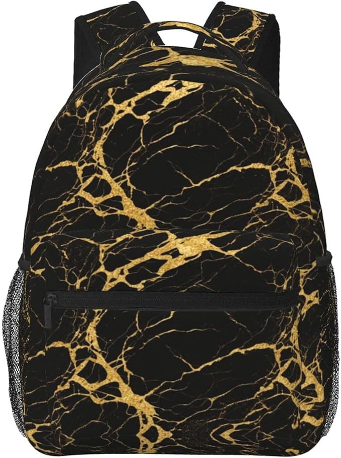 Adults Lightweight Black Marble Gold Texture Art Shoulder Book Bags Big Capacity Shoulder Bag With Adjustable Shoulder Straps for Trekking Work Walking Cycling