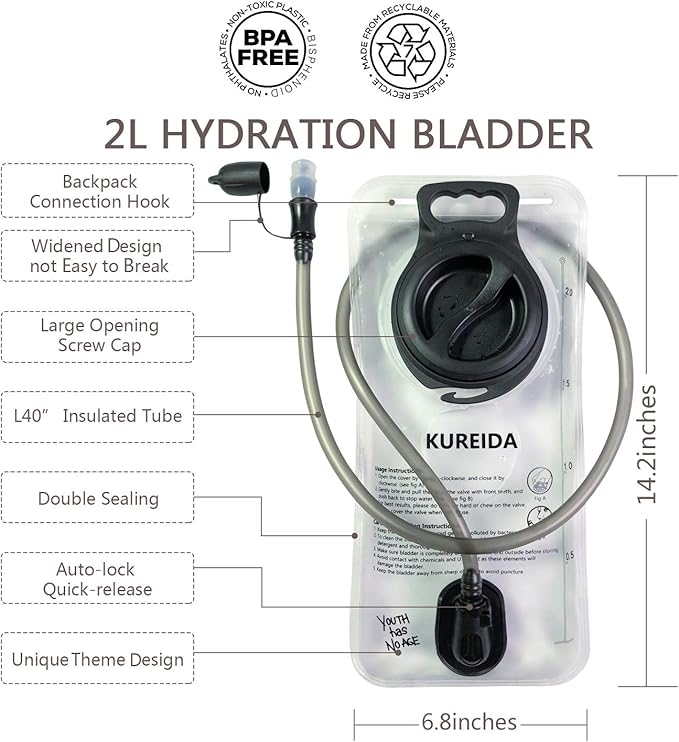 Hydration Bladder 2L-3L,Leak Proof Water Reservoir,BPA Free,Wide Opening, Military Water Bladder Combined with Hydration Backpacks for Biking Hiking Running Camping Climbing.