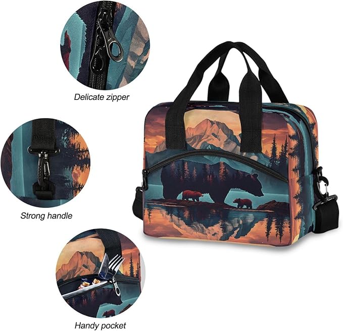 ALAZA Bear Mountain Moon Lunch Box for Men Women Adults Insulated Lunch Bag Cooler Bag with Adjustable Shoulder Strap for Work Picnic Travel