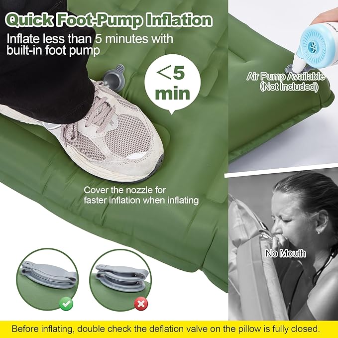 CAMULAND Double Camping Sleeping Pad, 4.7" Ultra-Thick Self Inflating 2 Person Inflatable Mat with Built-in Pillow Foot Pump, Waterproof for Backpacking, Hiking, Tent, RV Travel,Olive Green