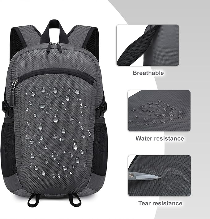 Lightweight Hiking Backpack 30L Packable Foldable Daypack Collapsible Travel Bag Water-Resistant for Women Men (Gray)