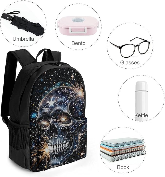 Men Women Polyester Magical Machine Skull Art Daypack Big Capacity Shoulder Bag With Smooth Zippers for Hiking Work Walking Cycling