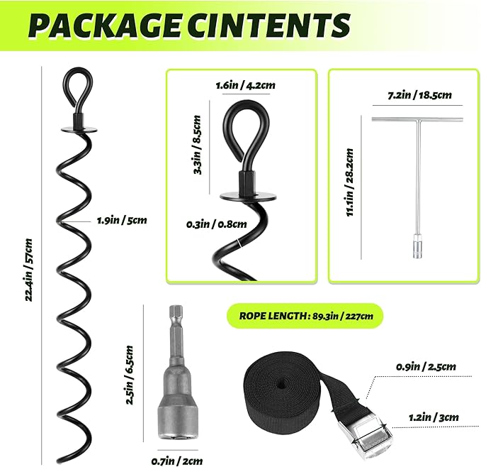 Trampoline Stakes 6 Pack, Spiral Ground Anchors Screw in, Swing Set Anchors, Earth Anchor Ground Stakes Heavy Duty with Straps for CarPorts, Sheds, Tents, Swing Sets, Camping, Mobile Home